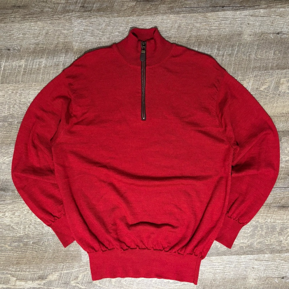 Orvis Merino Wool 1/4 Zip Sweater Men's M Red Knit Pullover Mock Neck Vintage